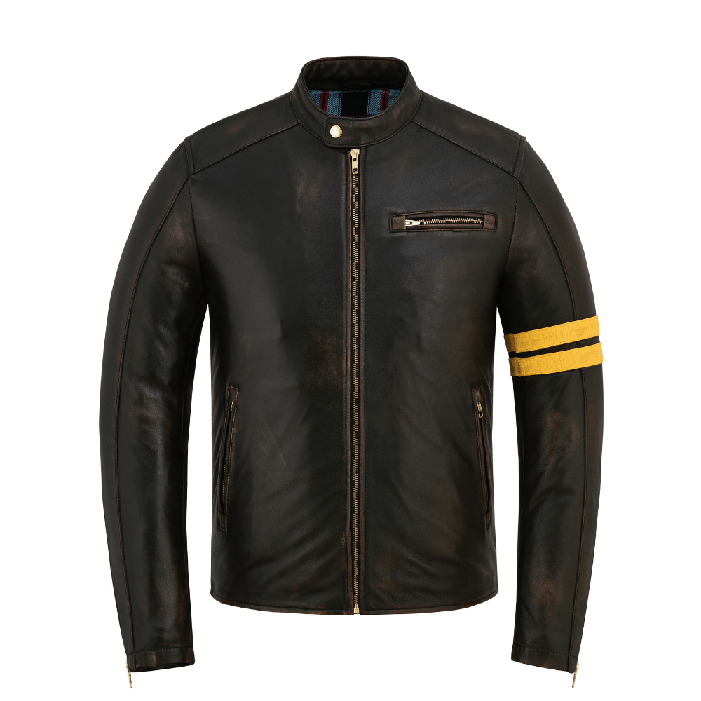 Real Leather Jackets Distressed Café Racer with Racing Stripes