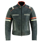Genuine Leather Biker Jacket with Orange Racing Stripes