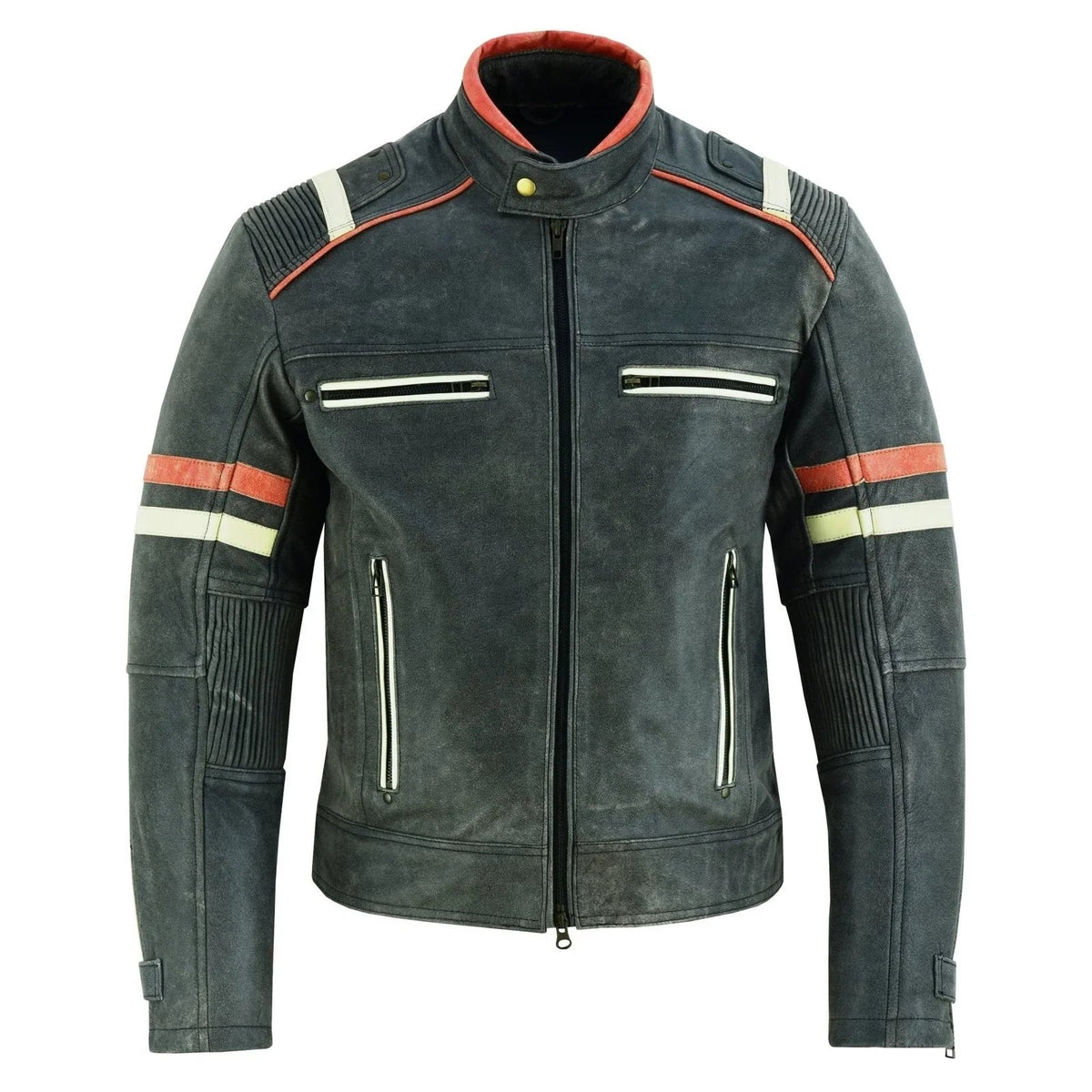 Genuine Leather Biker Jacket with Orange Racing Stripes