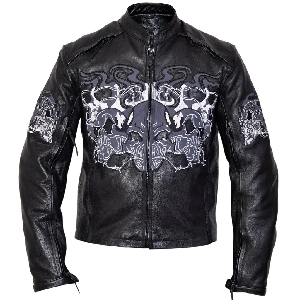 Bike Leather Jackets for Men with Triple Skull Artwork