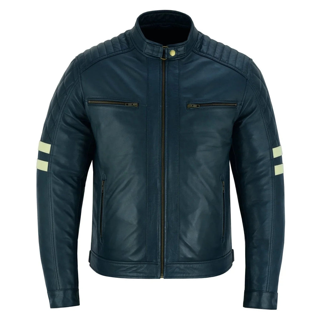 Navy Leather Moto Jacket with Removable Lining