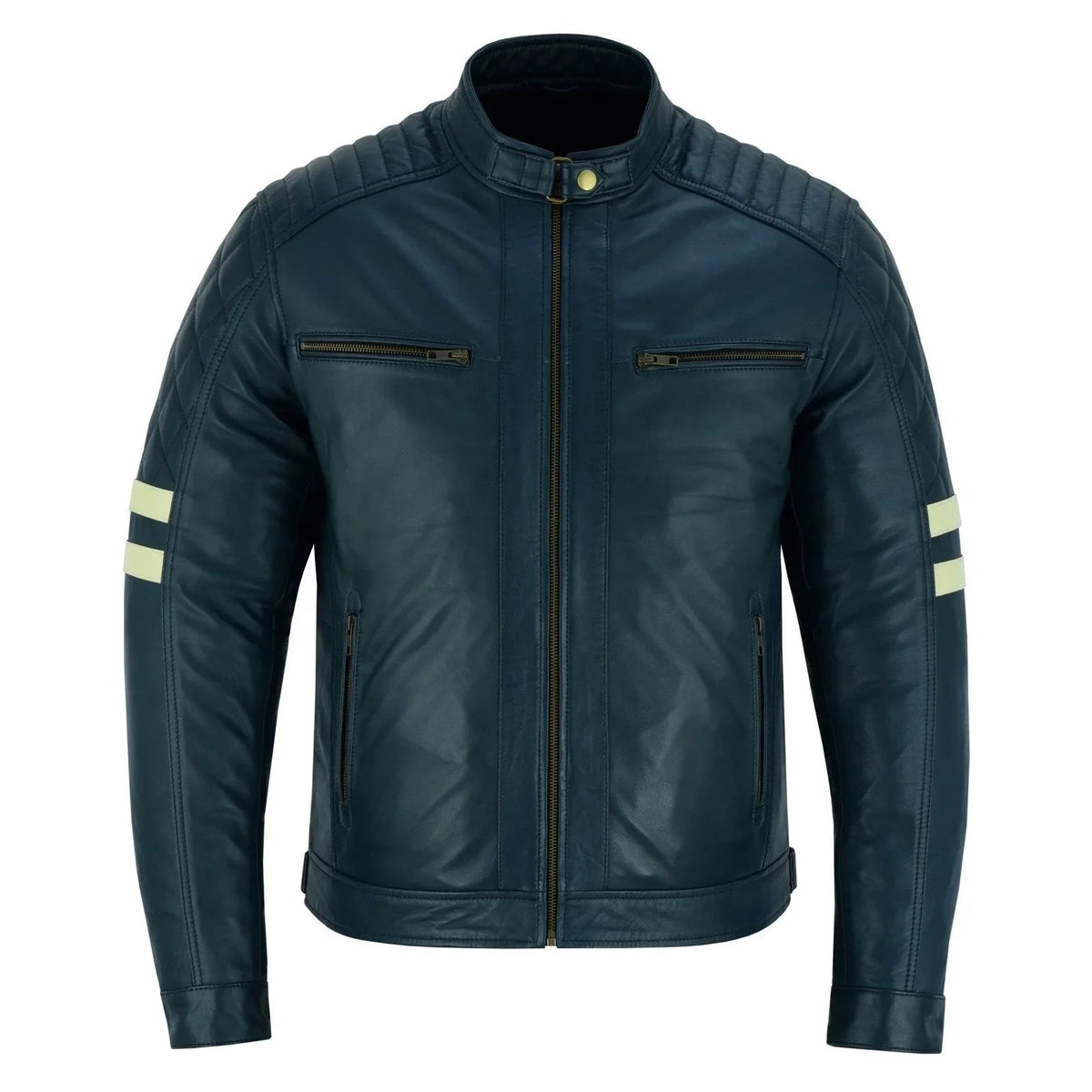 Navy Leather Moto Jacket with Removable Lining