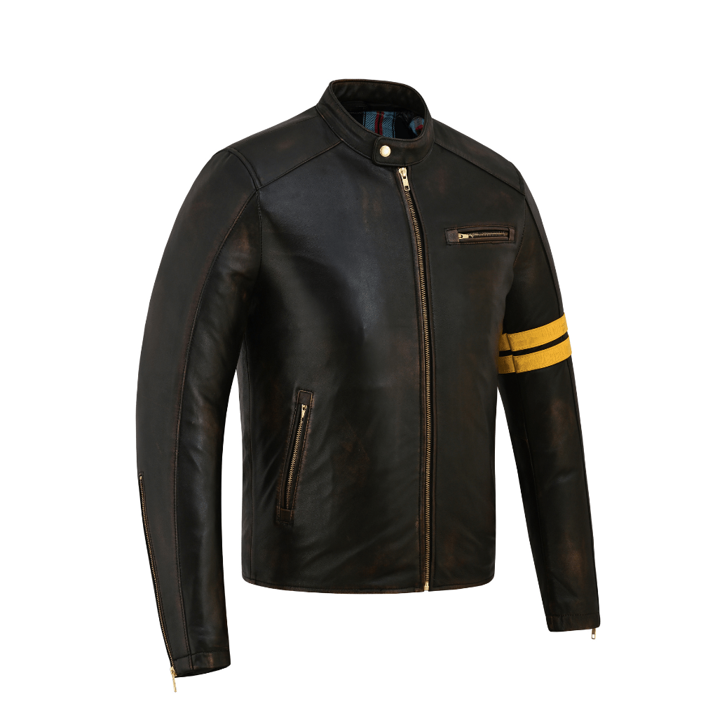 Real Leather Jackets Distressed Café Racer with Racing Stripes