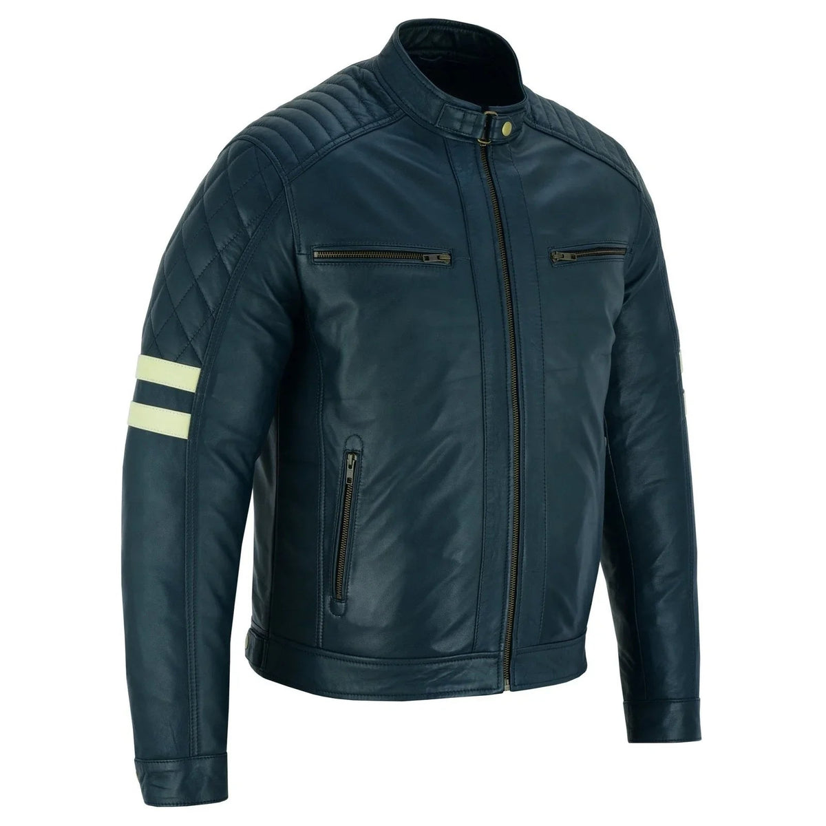 Navy Leather Moto Jacket with Removable Lining
