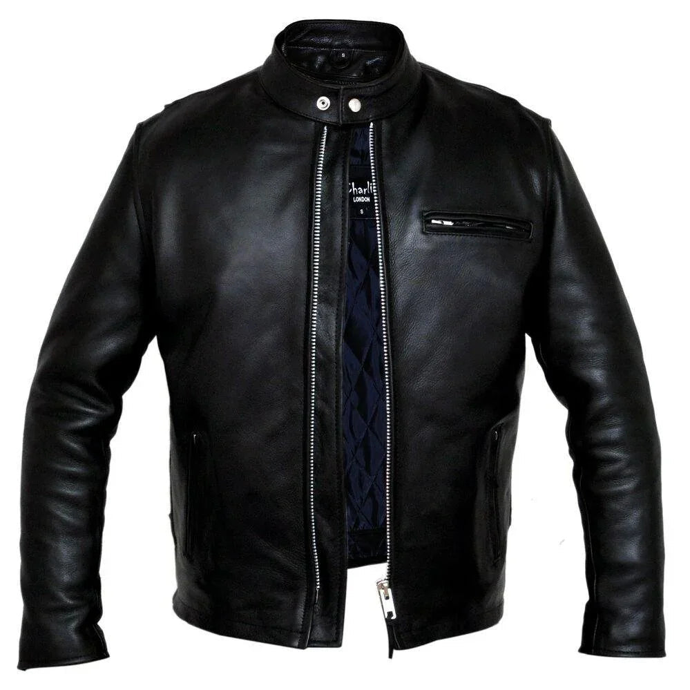 Men’s Leather Motorcycle Jacket with Armor Racer Style