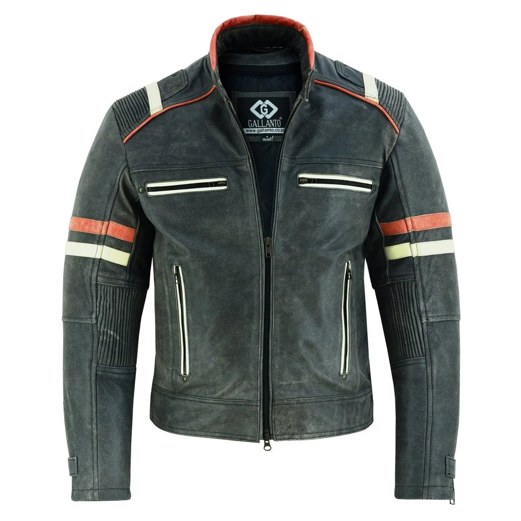 Genuine Leather Biker Jacket with Orange Racing Stripes