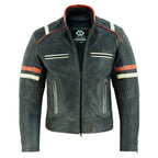 Genuine Leather Biker Jacket with Orange Racing Stripes