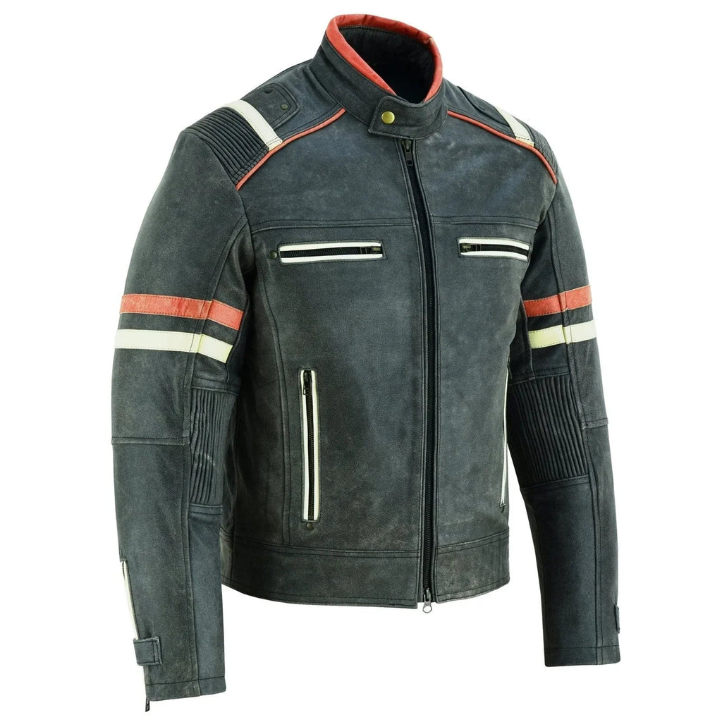 Genuine Leather Biker Jacket with Orange Racing Stripes