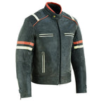 Genuine Leather Biker Jacket with Orange Racing Stripes