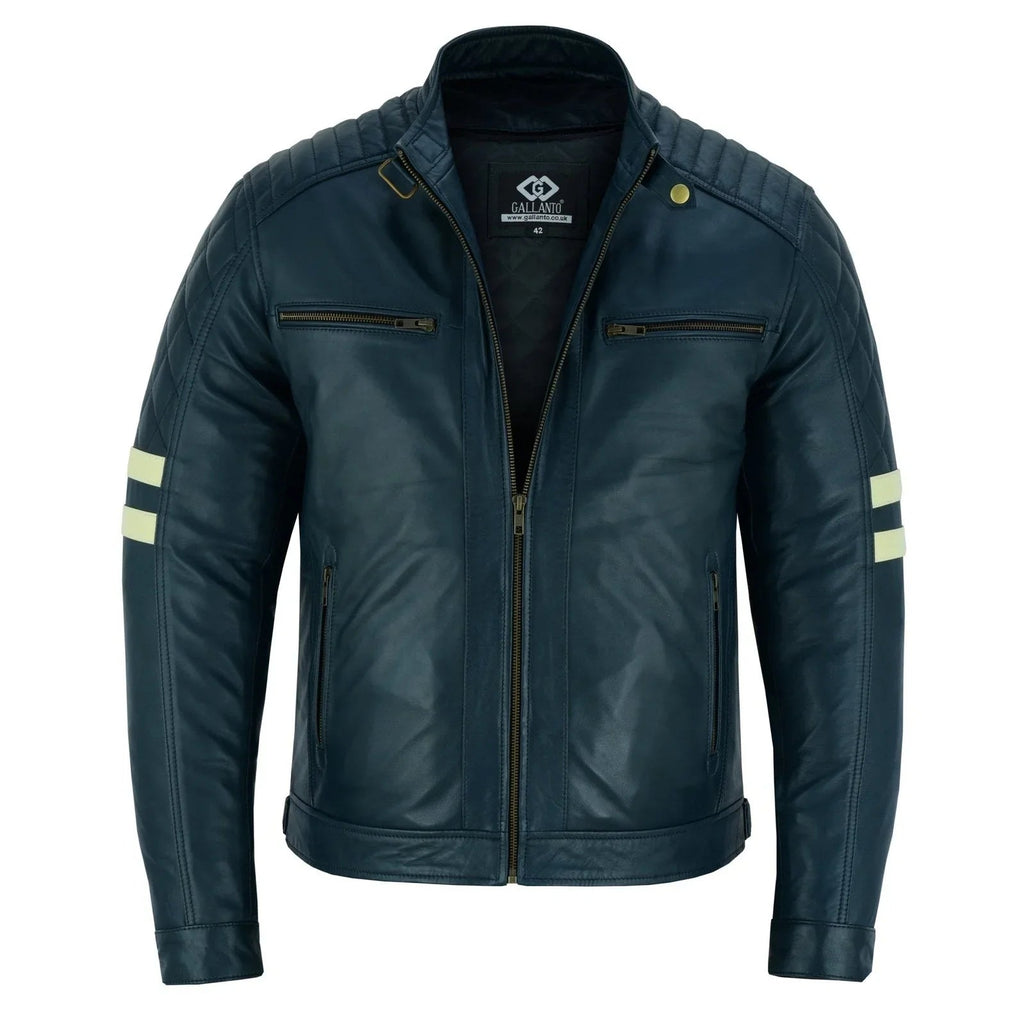 Navy Leather Moto Jacket with Removable Lining