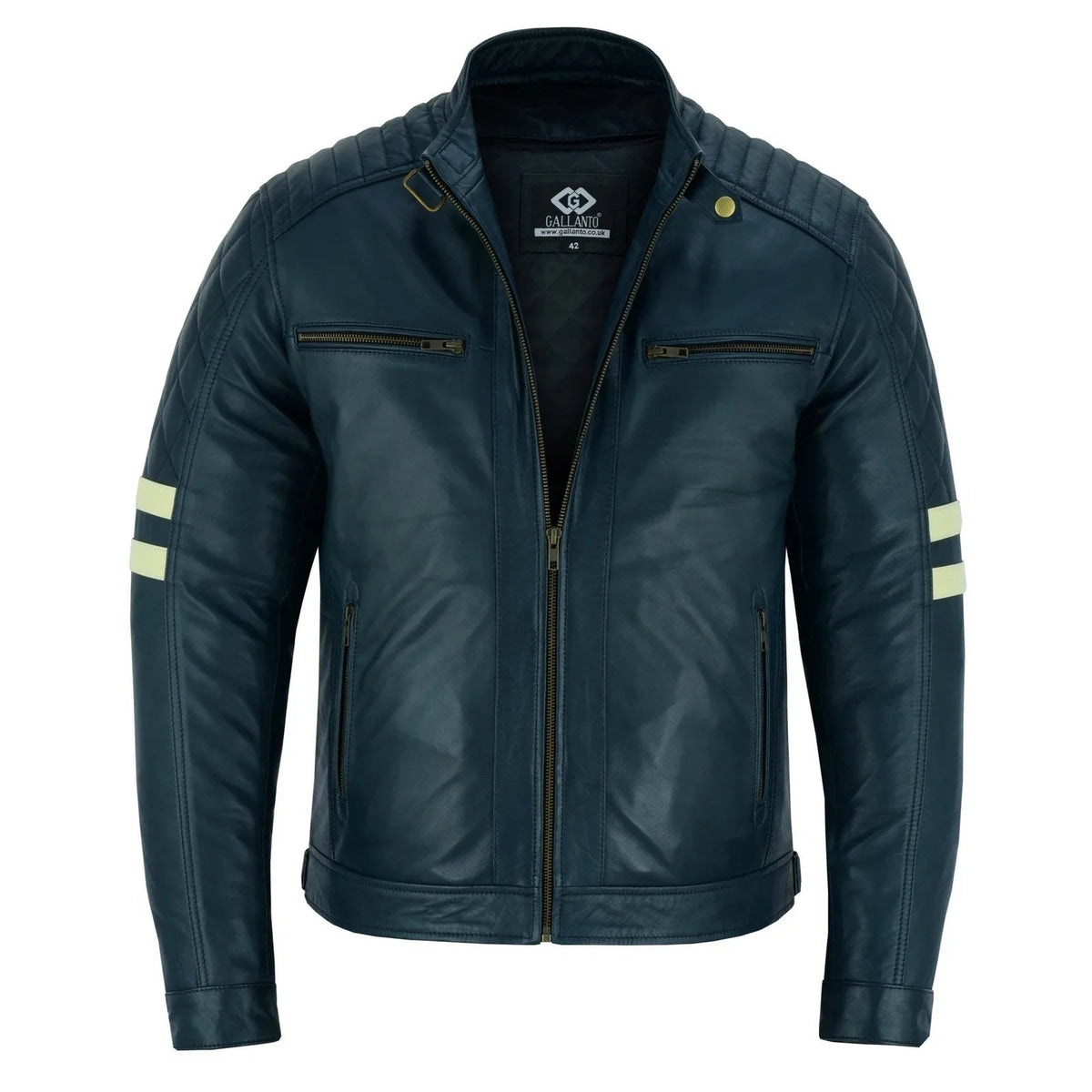 Navy Leather Moto Jacket with Removable Lining