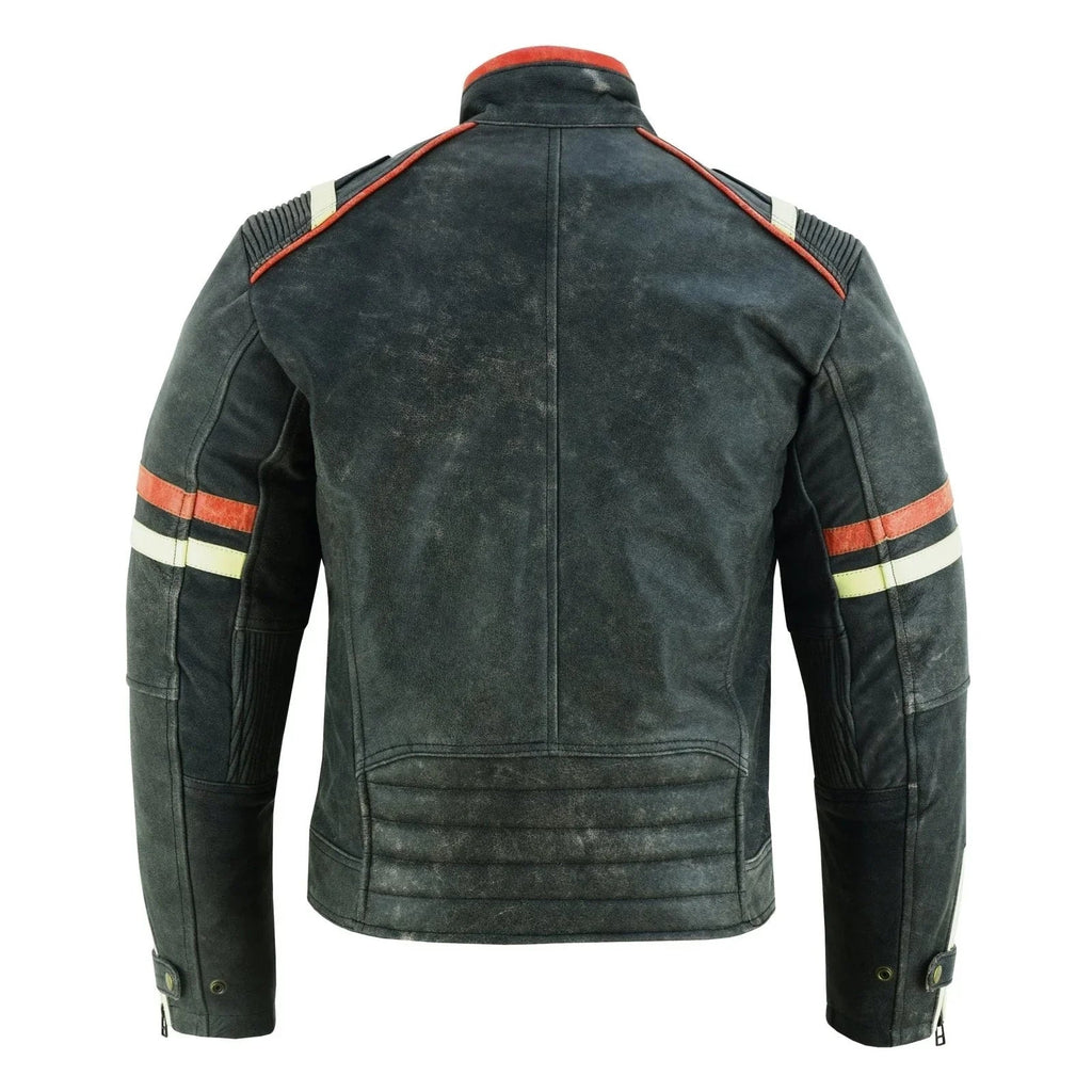 Genuine Leather Biker Jacket with Orange Racing Stripes