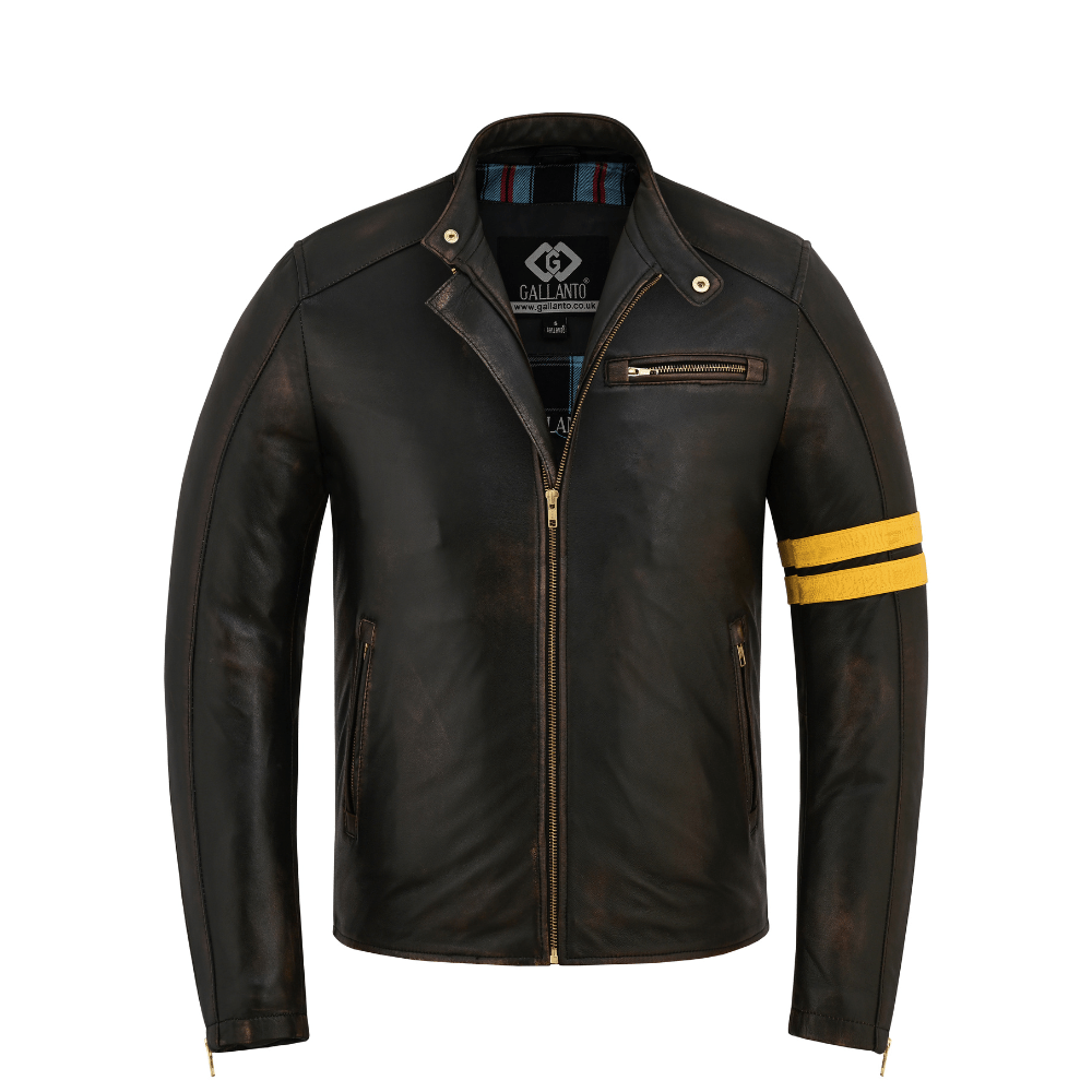 Real Leather Jackets Distressed Café Racer with Racing Stripes