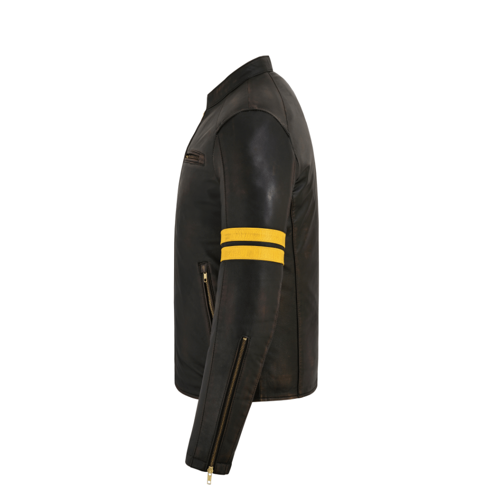 Real Leather Jackets Distressed Café Racer with Racing Stripes
