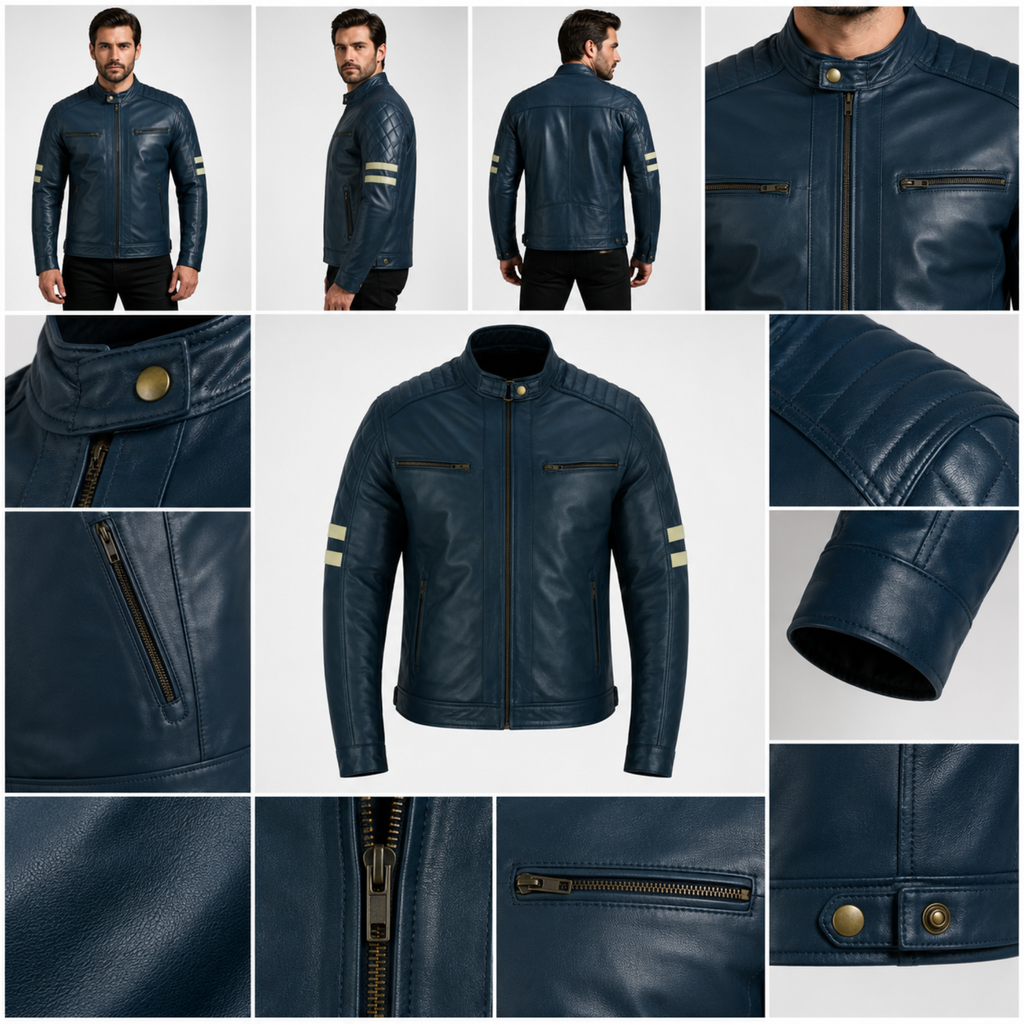 Navy Leather Moto Jacket with Removable Lining