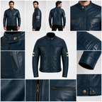 Navy Leather Moto Jacket with Removable Lining