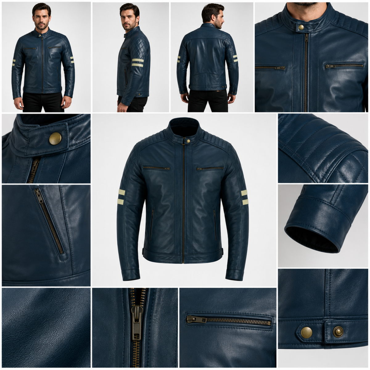 Navy Leather Moto Jacket with Removable Lining