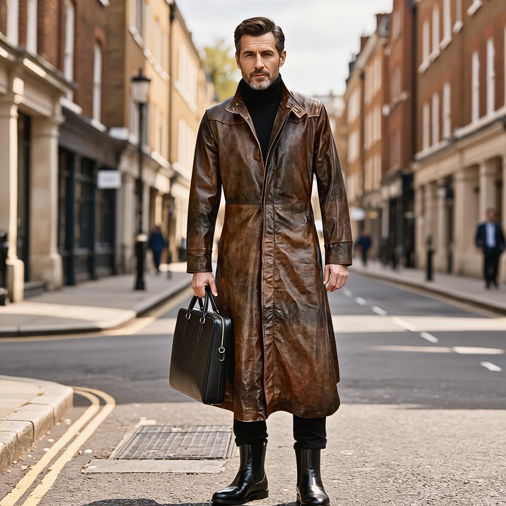 Leather Trench Coat for Men – Distressed Gothic Full Length Coat