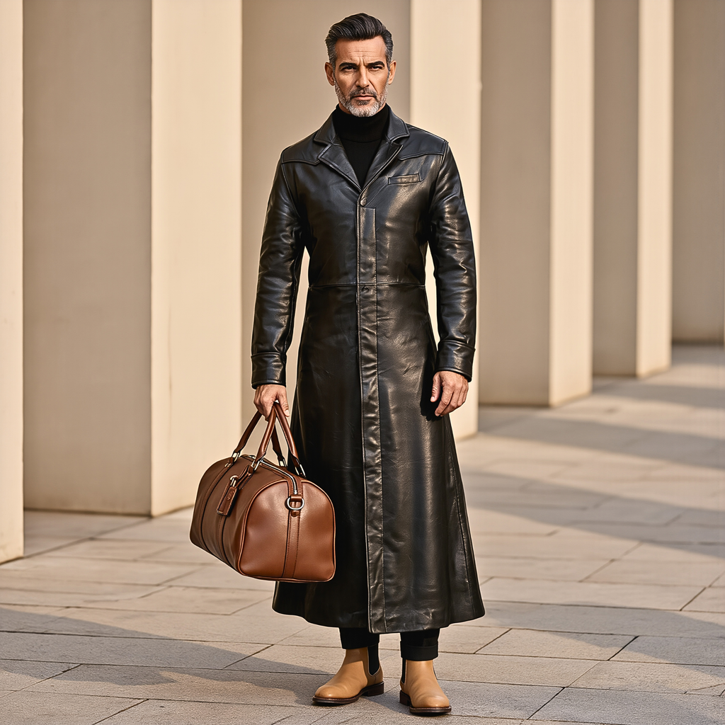 Leather Trench Coat for Men – Distressed Gothic Full Length Coat