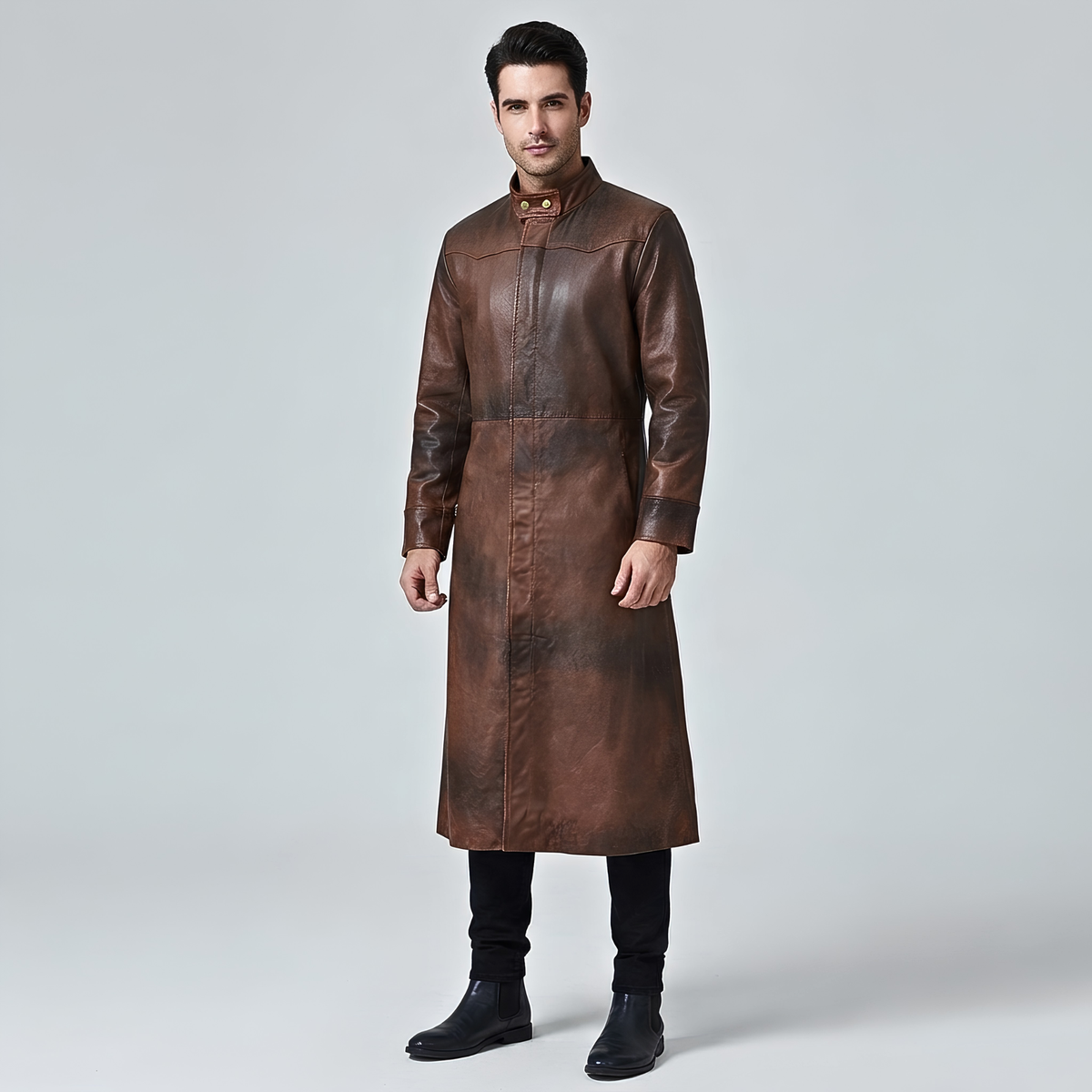 Long Leather Trench Coat – Genuine Cowhide Gothic Coat for Men