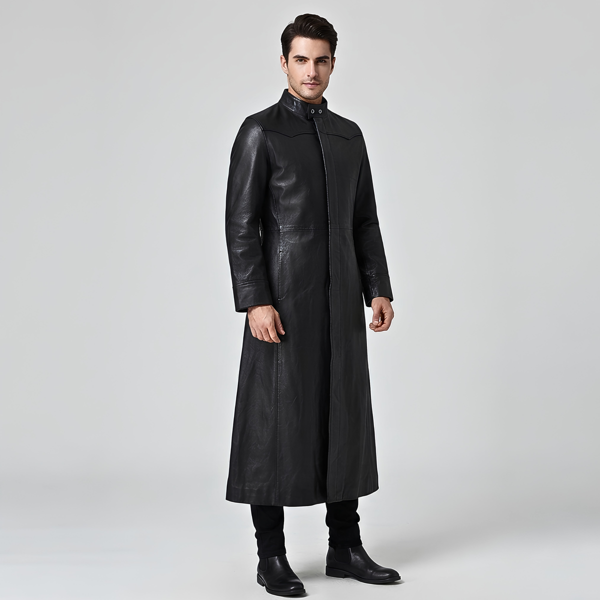 Long Leather Trench Coat – Genuine Cowhide Gothic Coat for Men