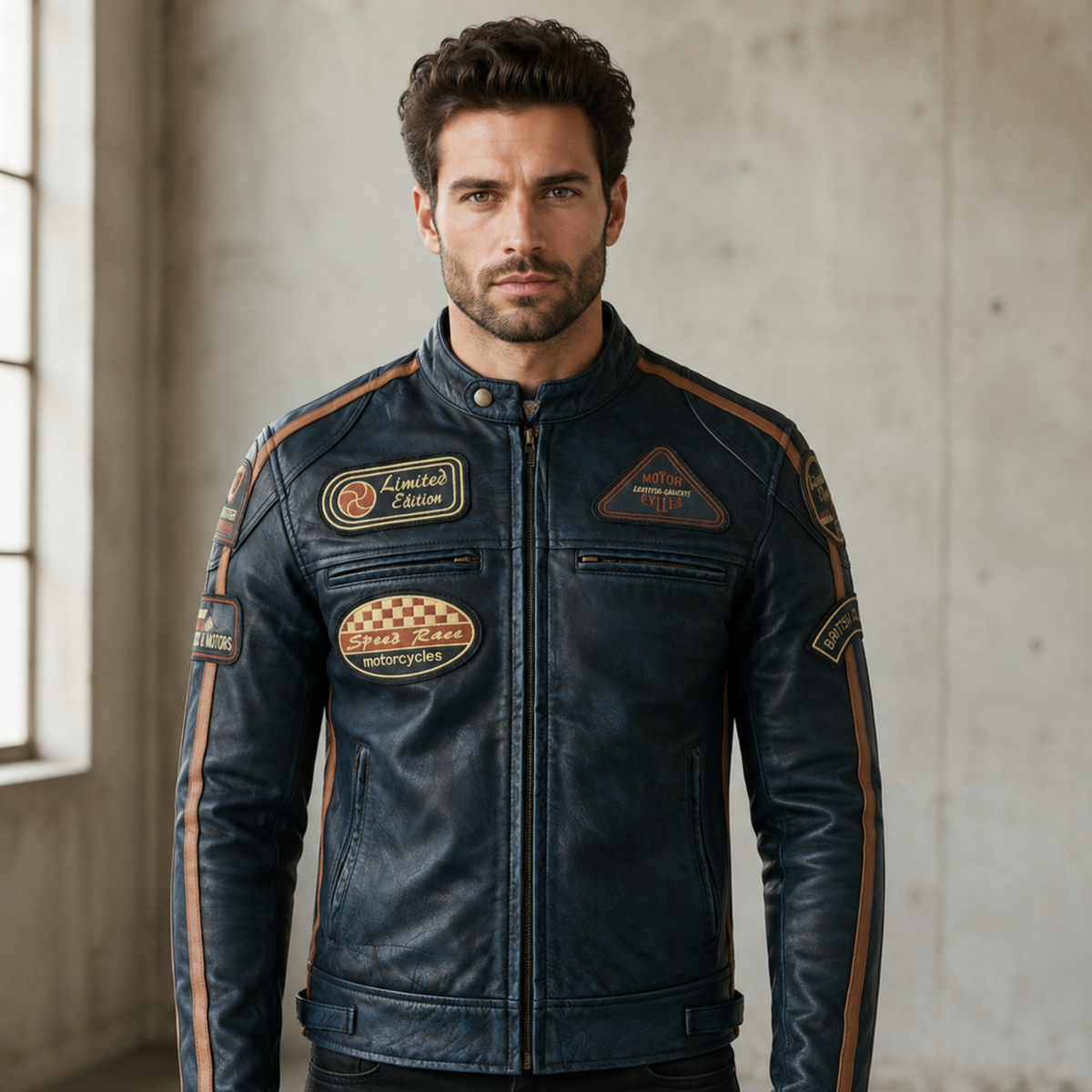 Mens Motorcycle Jackets with Retro Racing Badges
