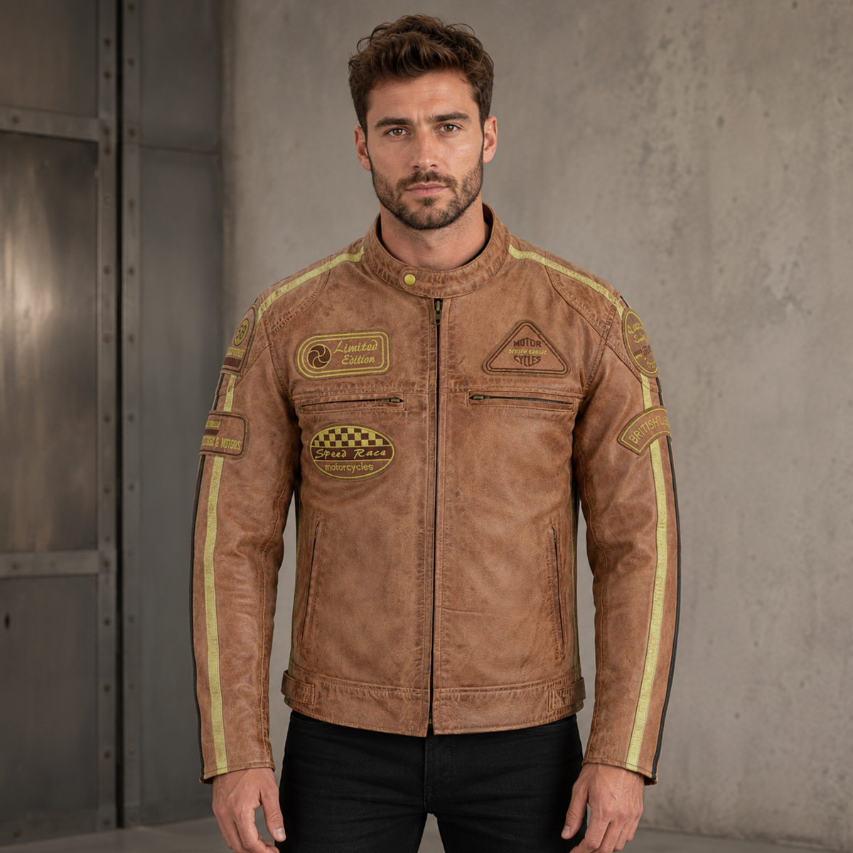 Mens Motorcycle Jackets with Retro Racing Badges
