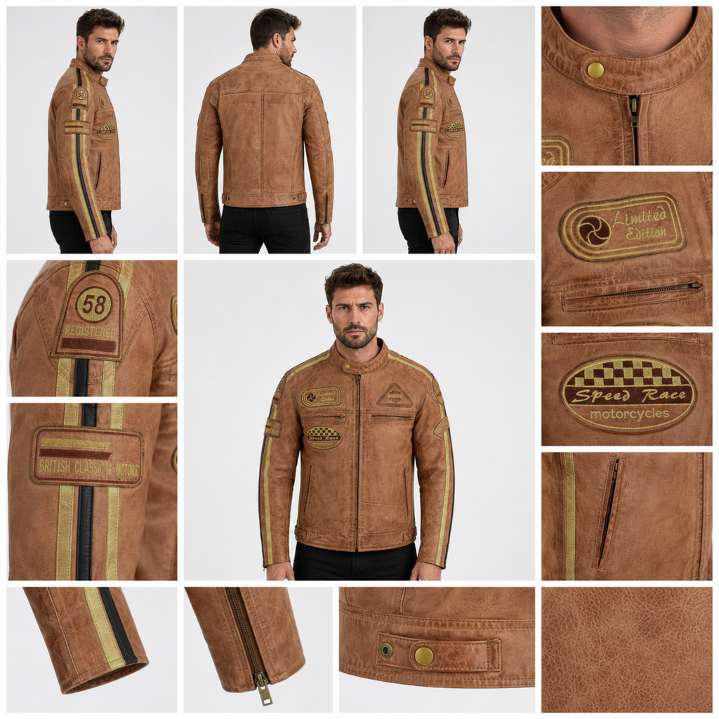 Mens Motorcycle Jackets with Retro Racing Badges