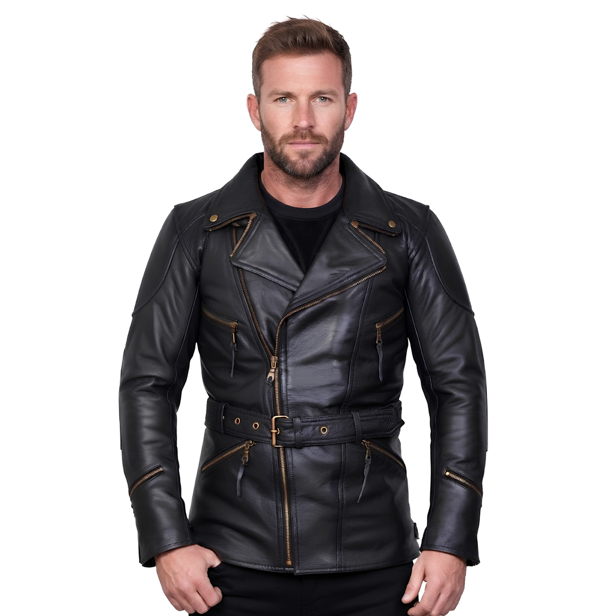 Eddie Leather Racer Jacket with CE Armor and 3-Way Collar Style