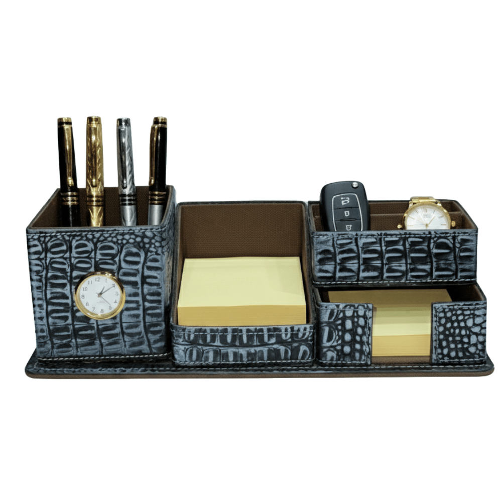 Leather Desk Organizer for Pens with Clock and Crocodile Leather