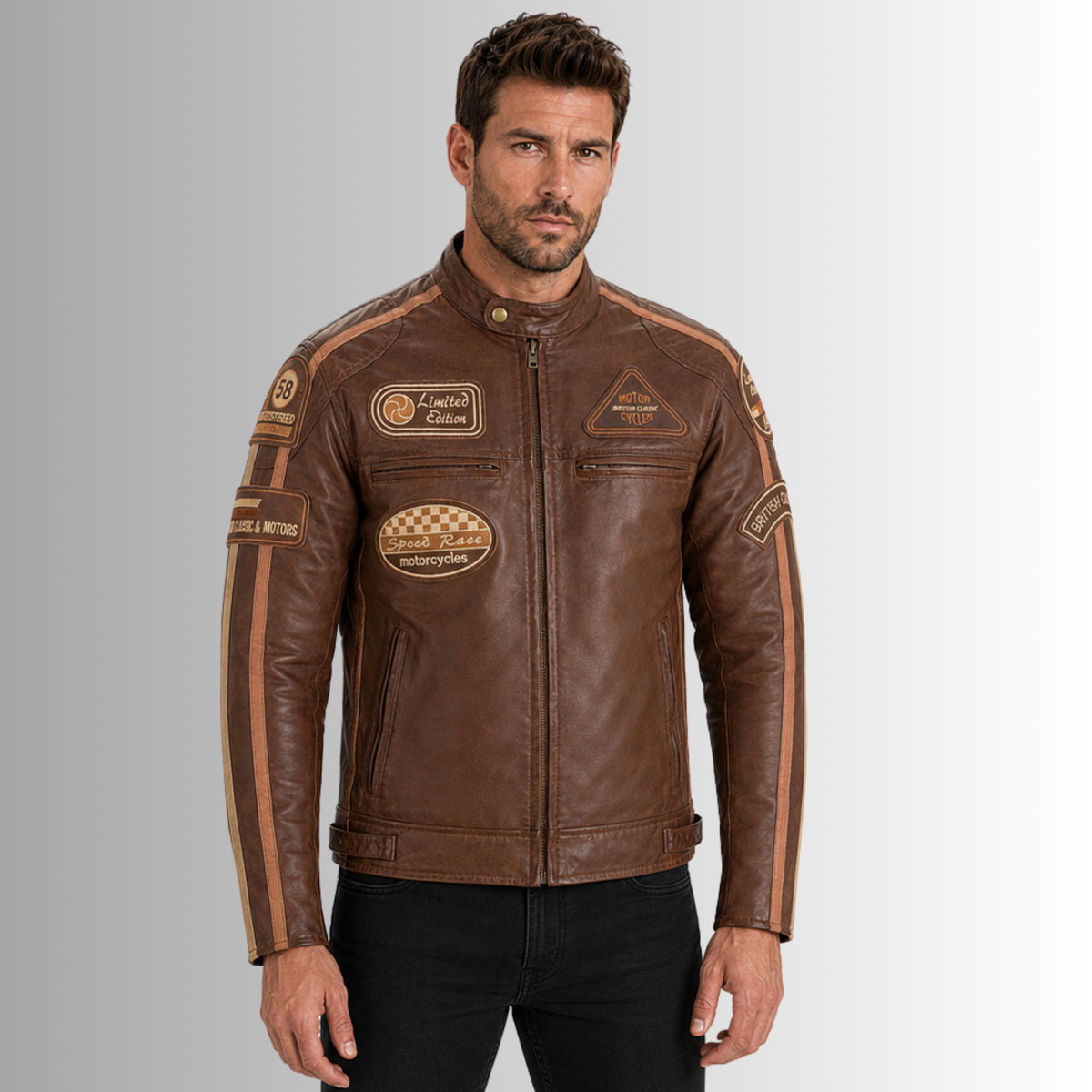 Mens Motorcycle Jackets with Retro Racing Badges
