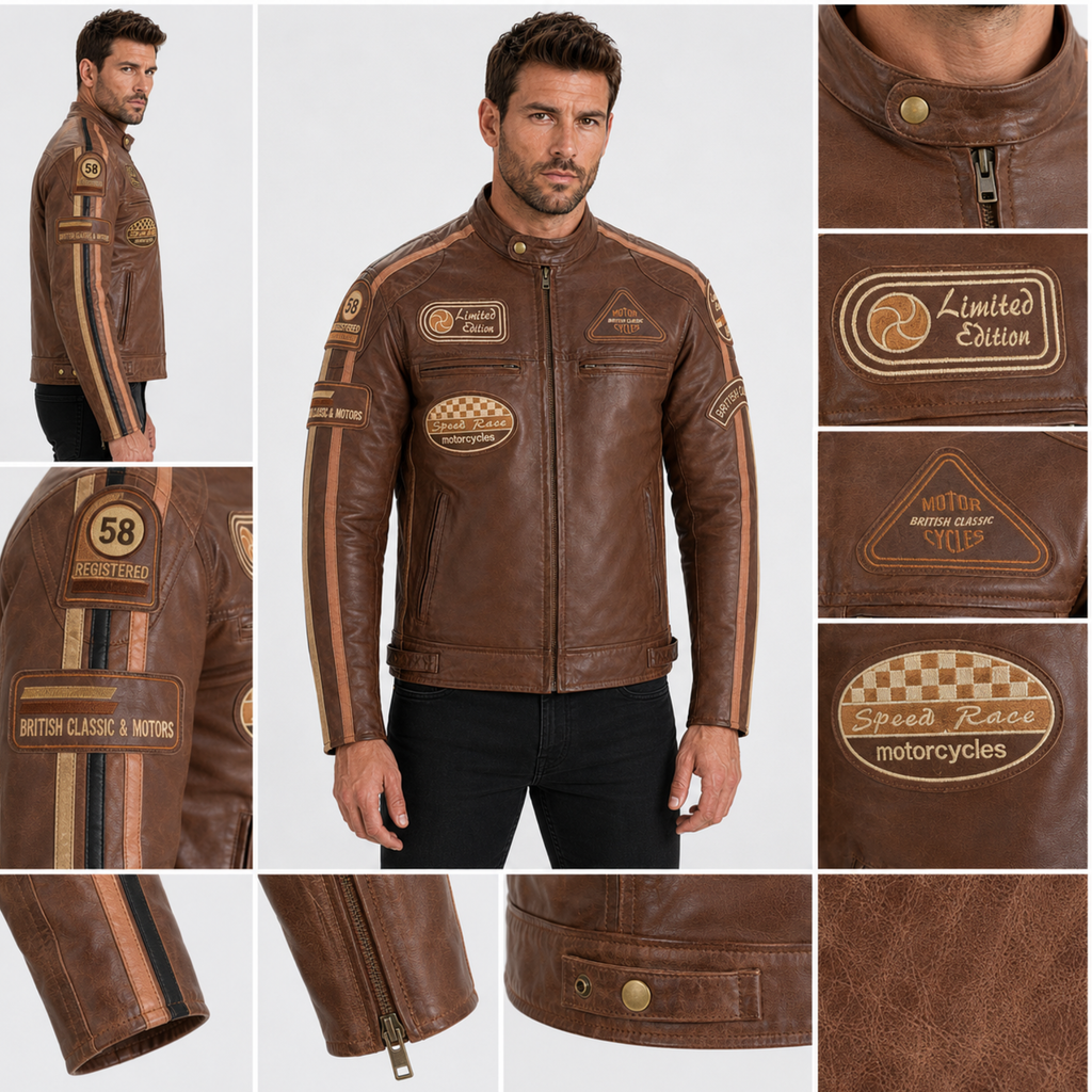 Mens Motorcycle Jackets with Retro Racing Badges