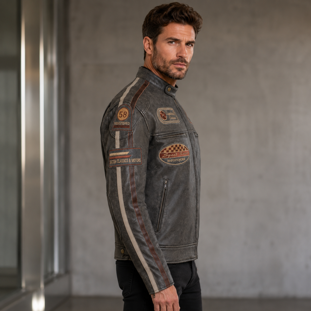 Cowhide Leather Riding Jacket with Classic Stripes