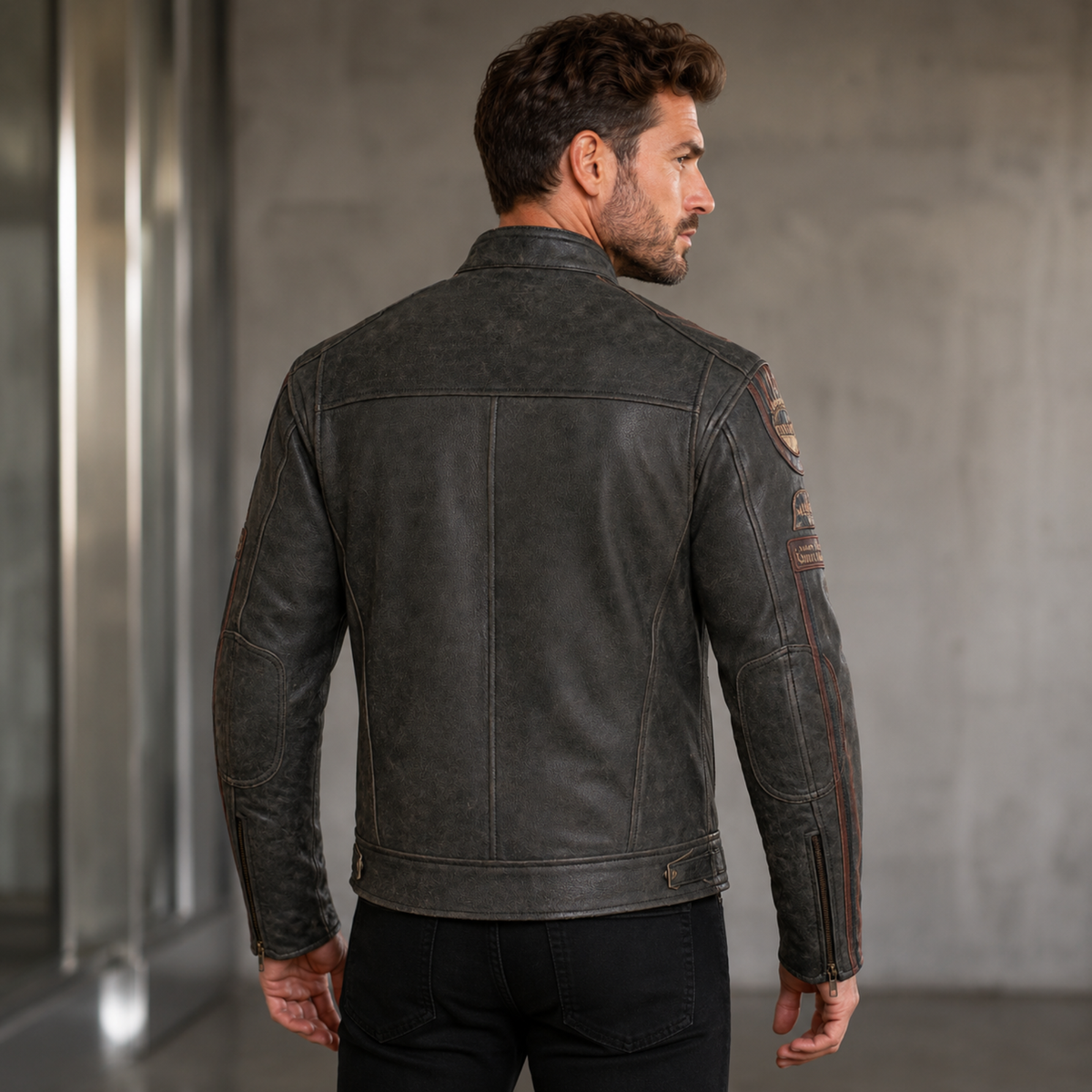 Cowhide Leather Riding Jacket with Classic Stripes