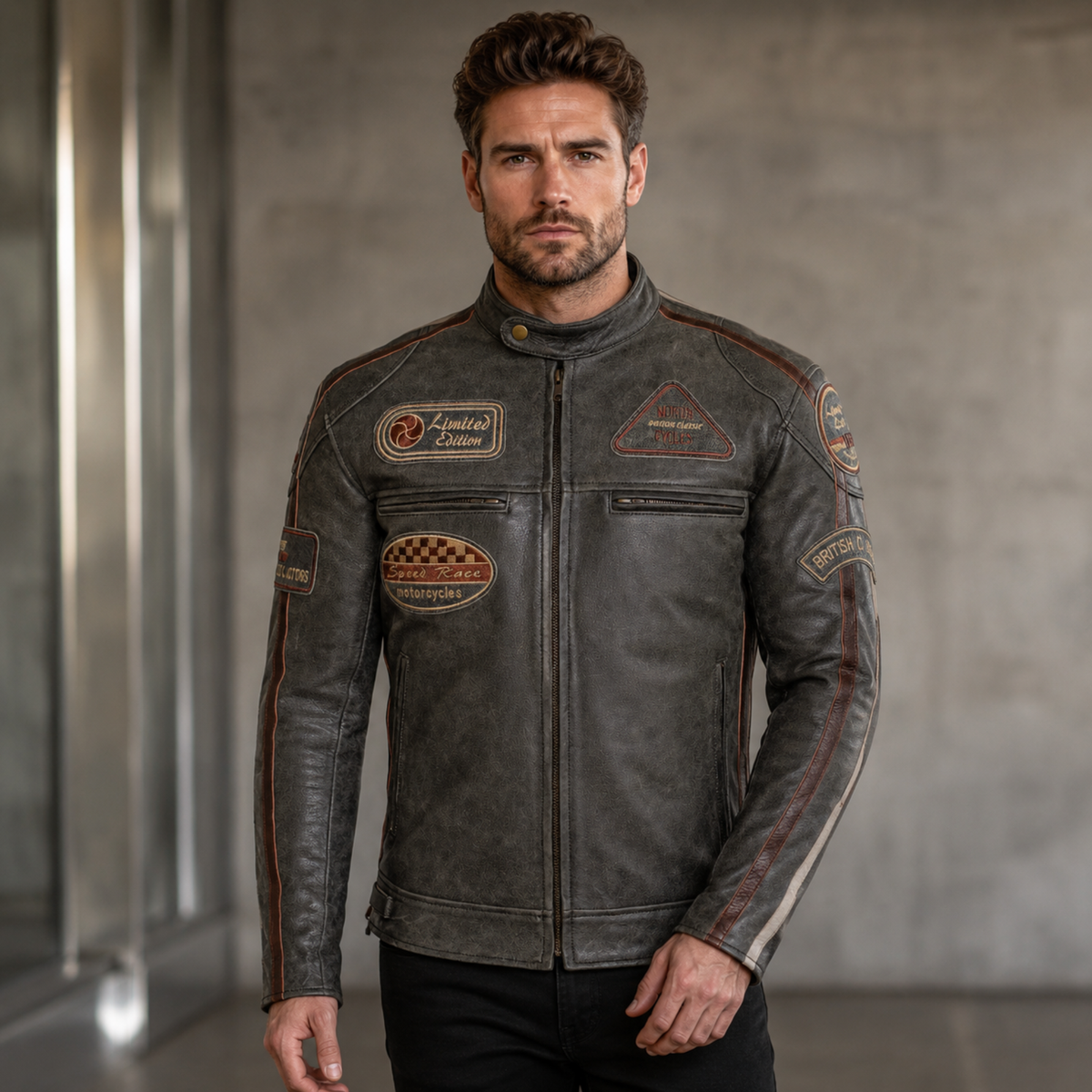 Cowhide Leather Riding Jacket with Classic Stripes