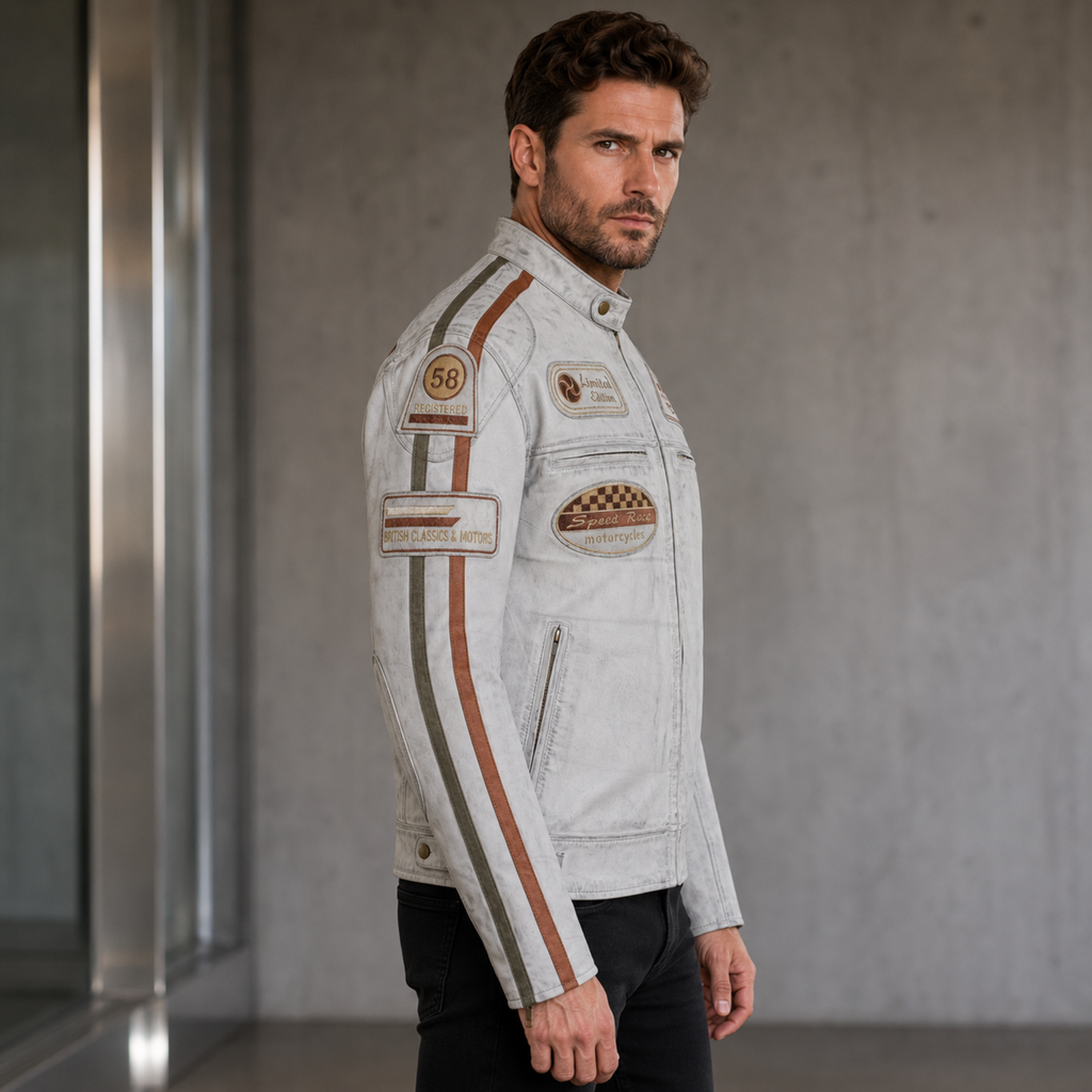 Cowhide Leather Riding Jacket with Classic Stripes