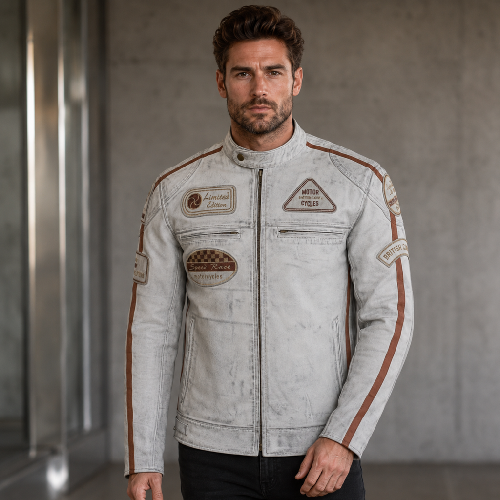 Cowhide Leather Riding Jacket with Classic Stripes