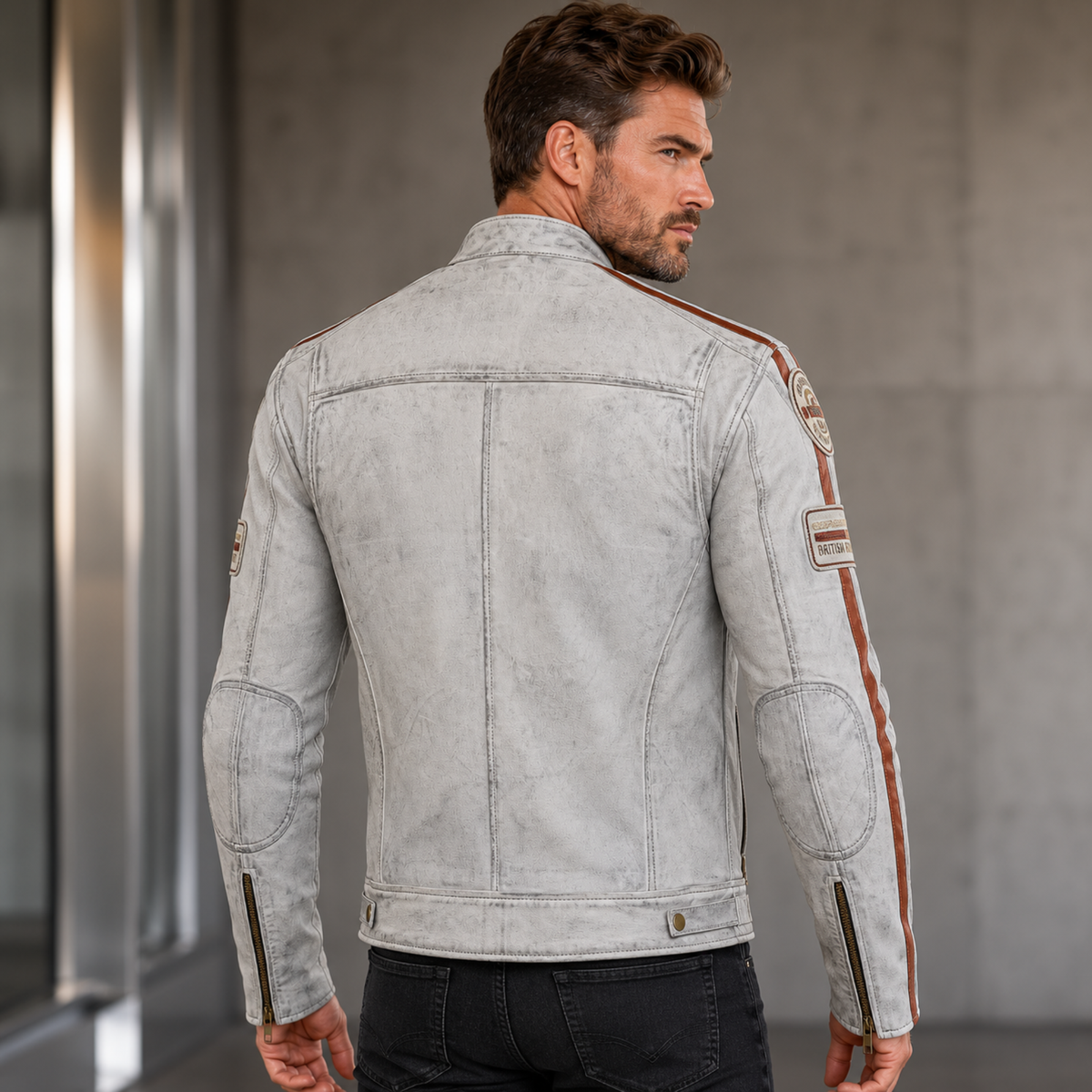 Cowhide Leather Riding Jacket with Classic Stripes