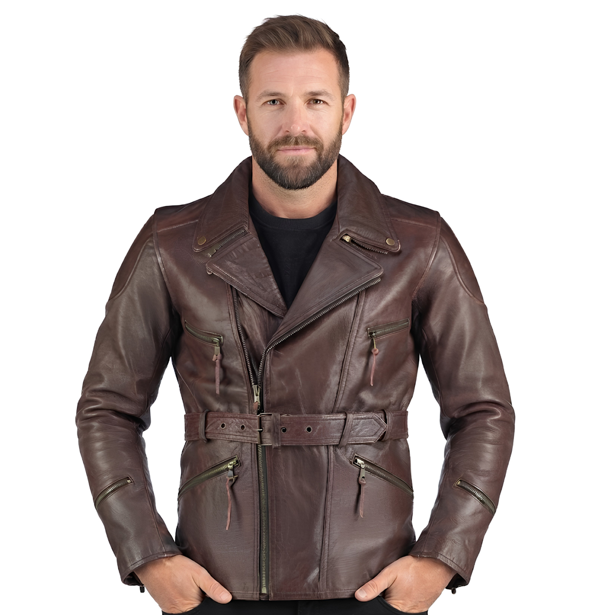 Eddie Leather Racer Jacket with CE Armor and 3-Way Collar Style