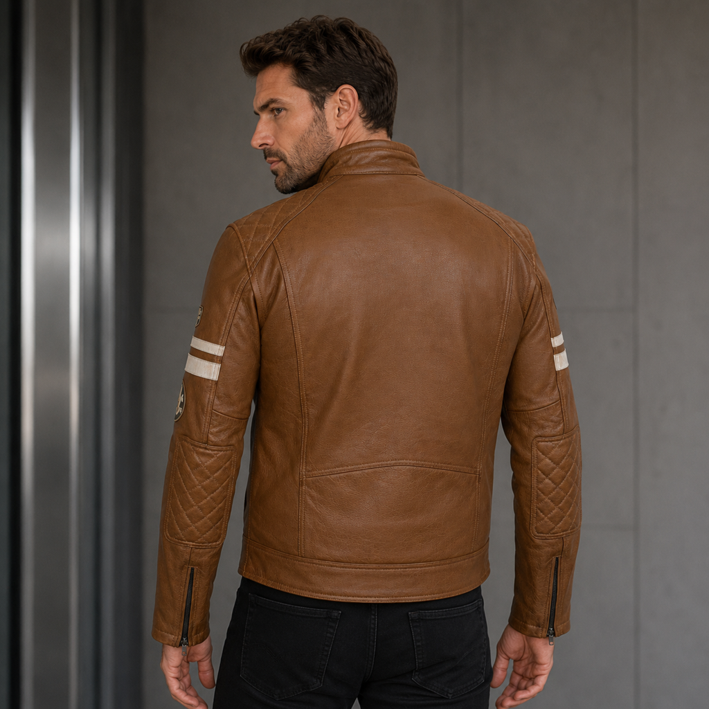 Cowhide Leather Riding Jacket with Classic Stripes