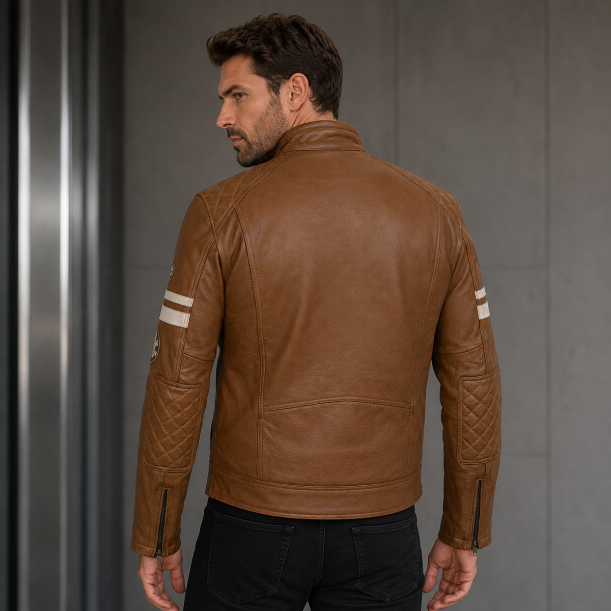 Cowhide Leather Riding Jacket with Classic Stripes