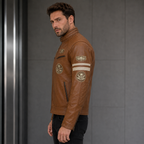 Cowhide Leather Riding Jacket with Classic Stripes