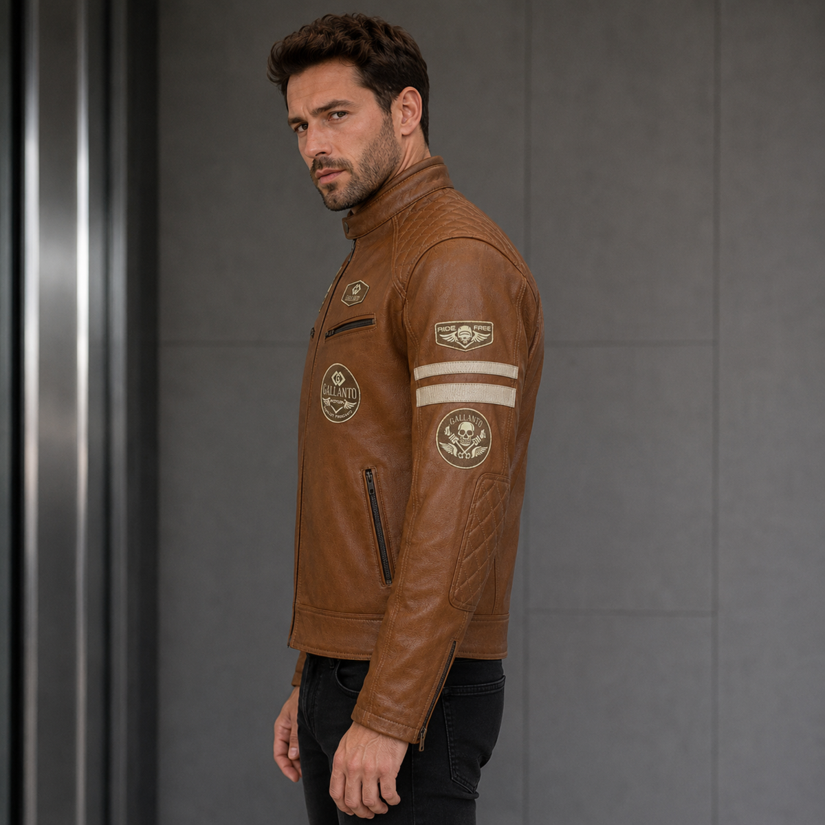 Cowhide Leather Riding Jacket with Classic Stripes