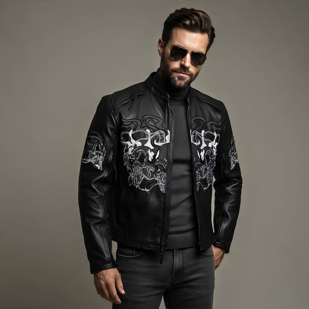 Bike Leather Jackets for Men with Triple Skull Artwork