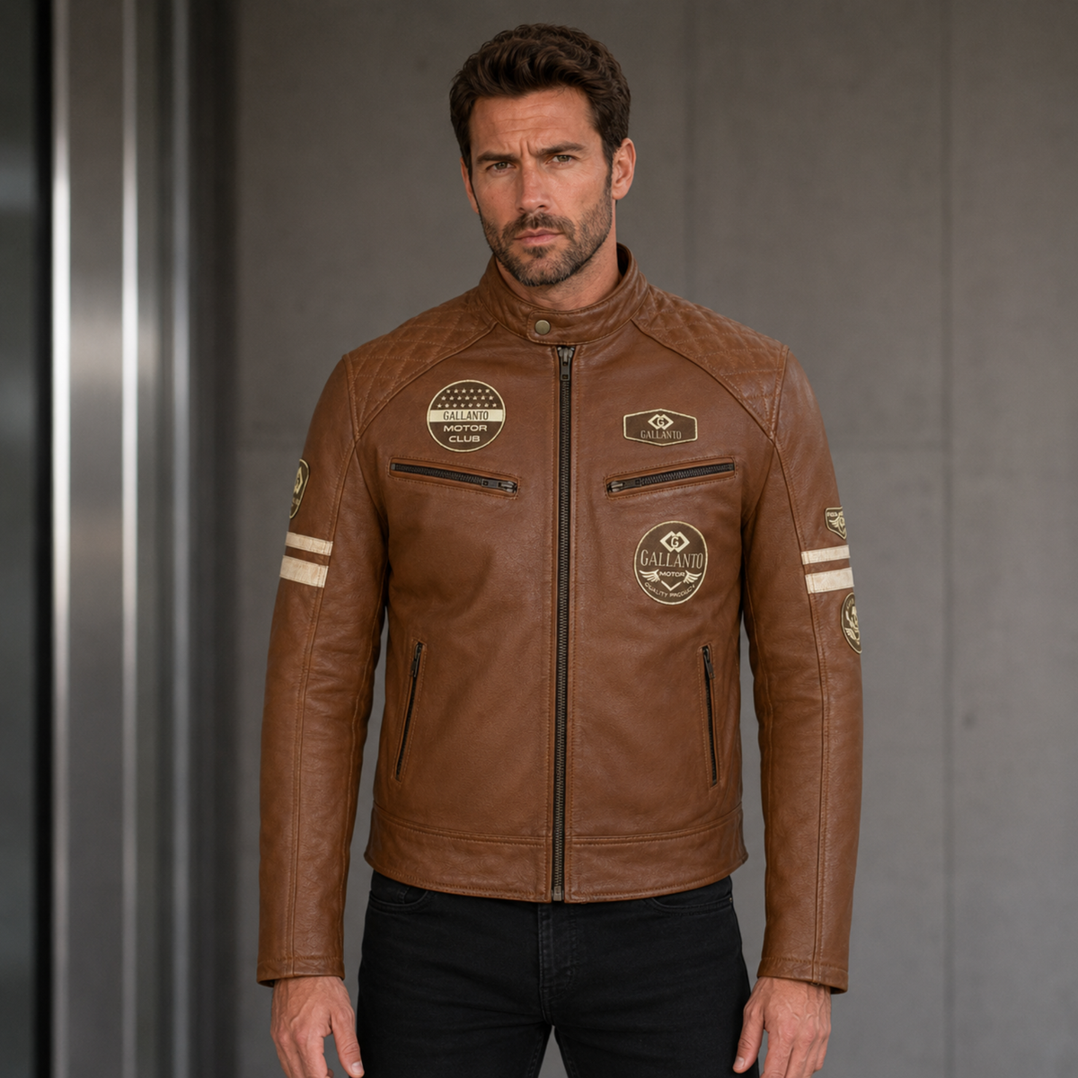 Cowhide Leather Riding Jacket with Classic Stripes