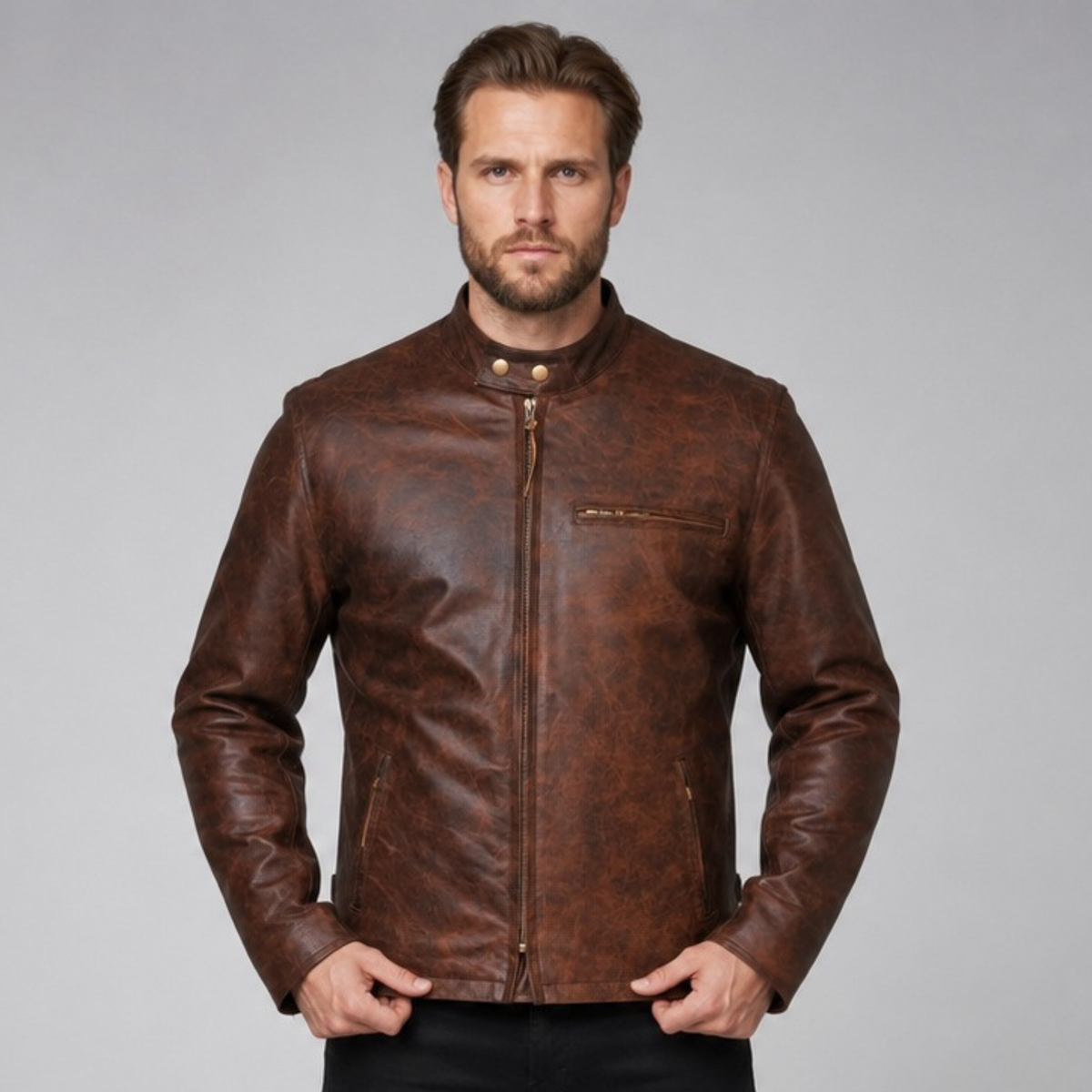 Men’s Leather Motorcycle Jacket with Armor Racer Style