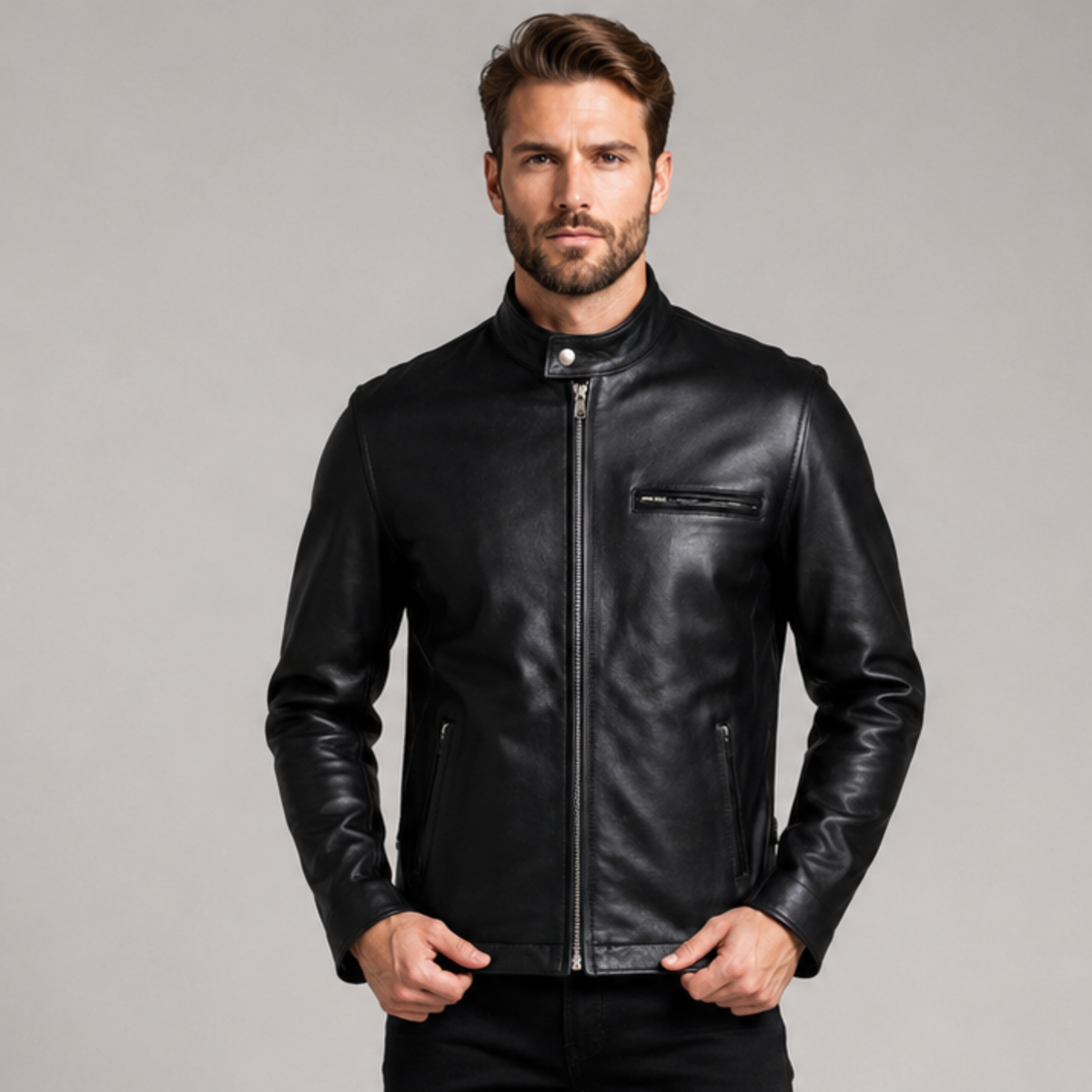 Men’s Leather Motorcycle Jacket with Armor Racer Style