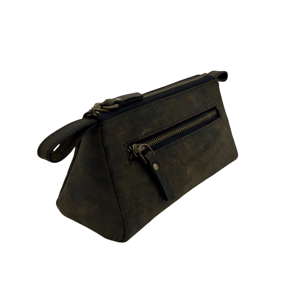 Leather Makeup Bag with Structured Wide-Base Travel-Friendly Design