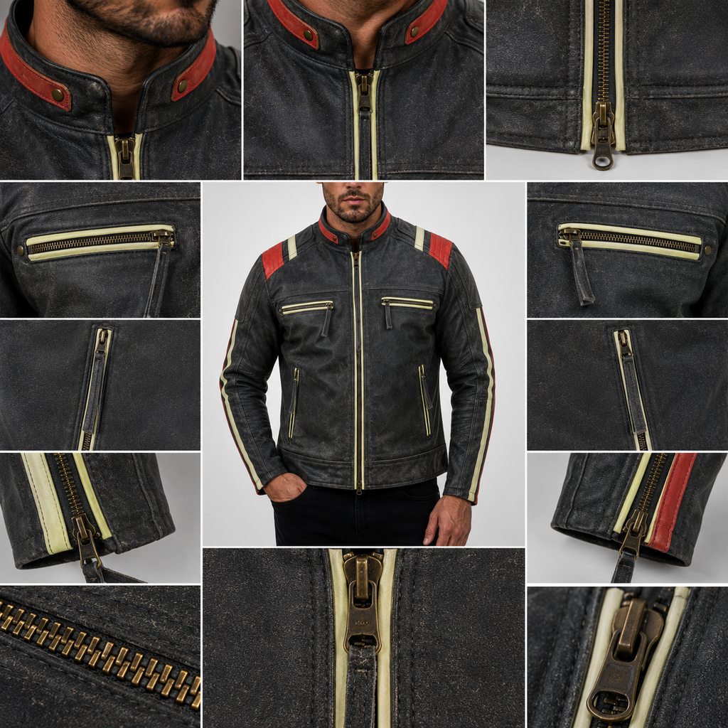 Striped Stonewash Grey Cowhide Motorcycle Jackets