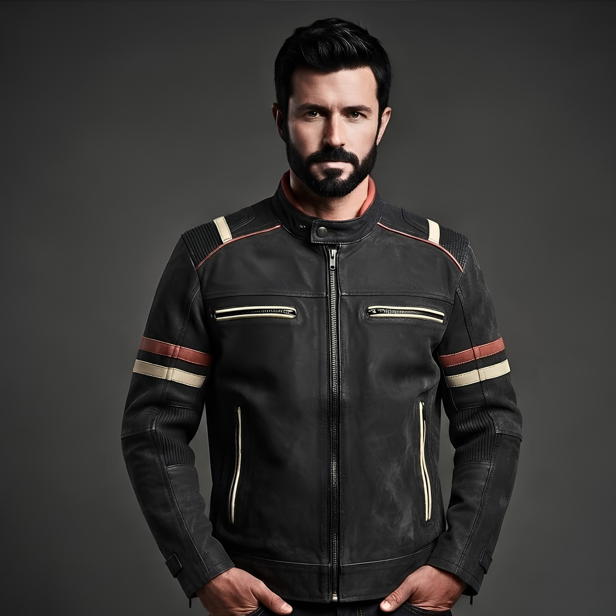 Genuine Leather Biker Jacket with Orange Racing Stripes